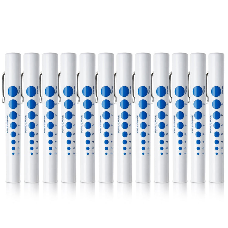Twelve identical white disposable medical pen lights lined up in a row. Each pen features a silver metal pocket clip and a blue pupil gauge scale ranging from 2mm to 9mm printed on the side.
