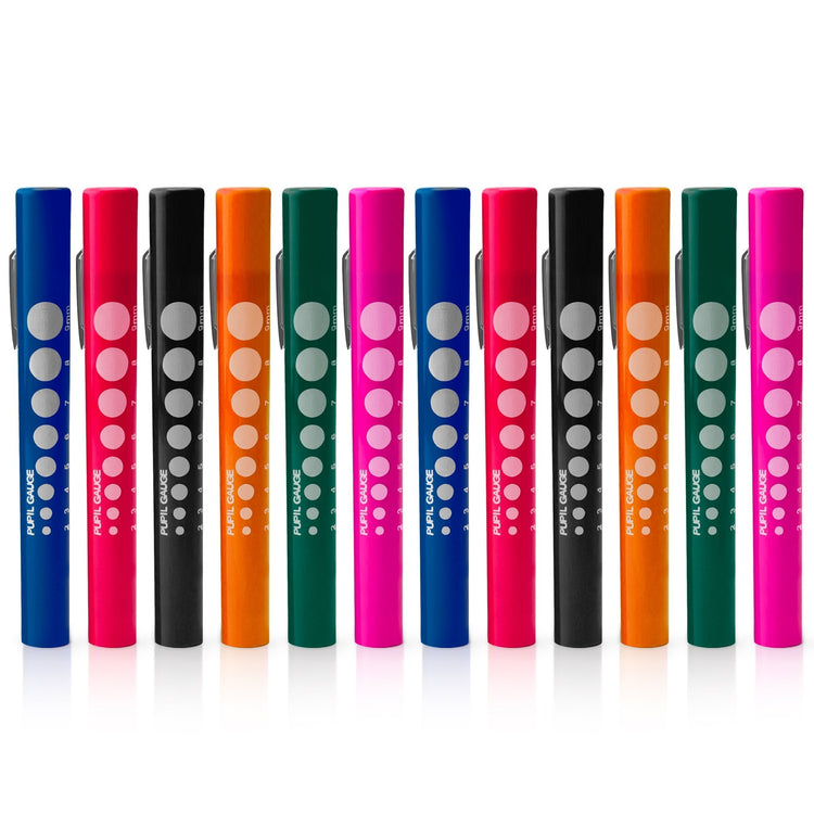 Twelve identical multicolor medical pen lights lined up in a row. Each pen features a silver metal pocket clip and a blue pupil gauge scale ranging from 2mm to 9mm printed on the side.