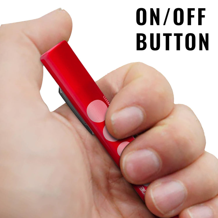 A close-up view of a hand holding the red pen light, with a thumb pressing the top click mechanism. Large text in the corner reads "ON/OFF BUTTON."
