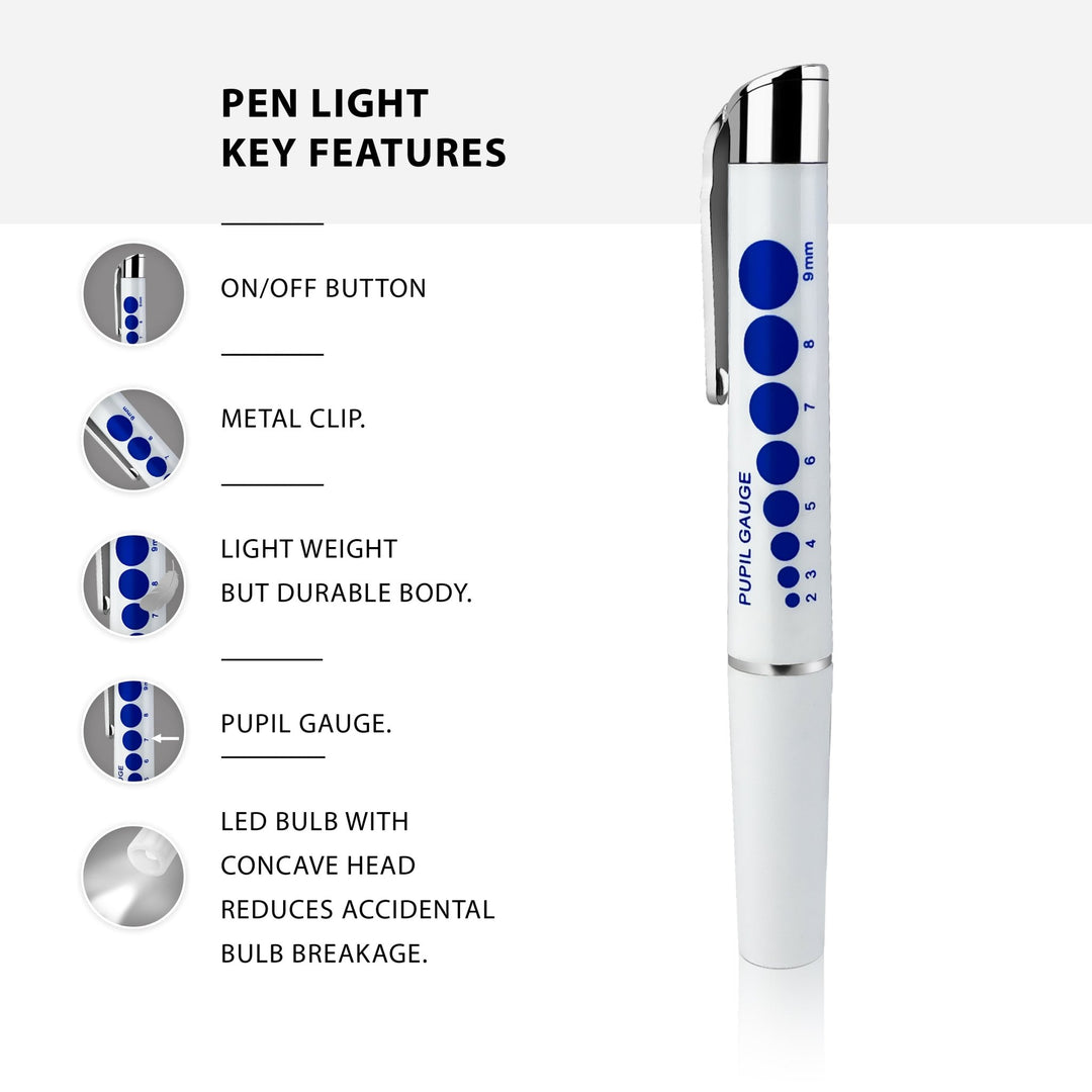 An infographic titled "PEN LIGHT KEY FEATURES." It displays the full pen light alongside circular zoom-in images highlighting the on/off button, metal clip, durable body, pupil gauge, and the concave LED bulb head designed to reduce breakage.