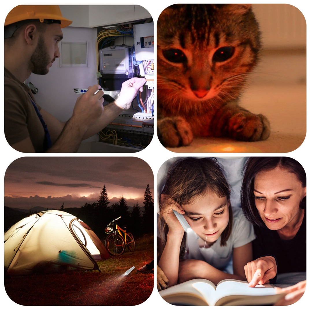 A collage showing four versatile uses for a pen light: an electrician checking a fuse box, a cat looking at a light on the floor, a camping tent illuminated from the inside at night, and a mother and child reading a book under a blanket.
