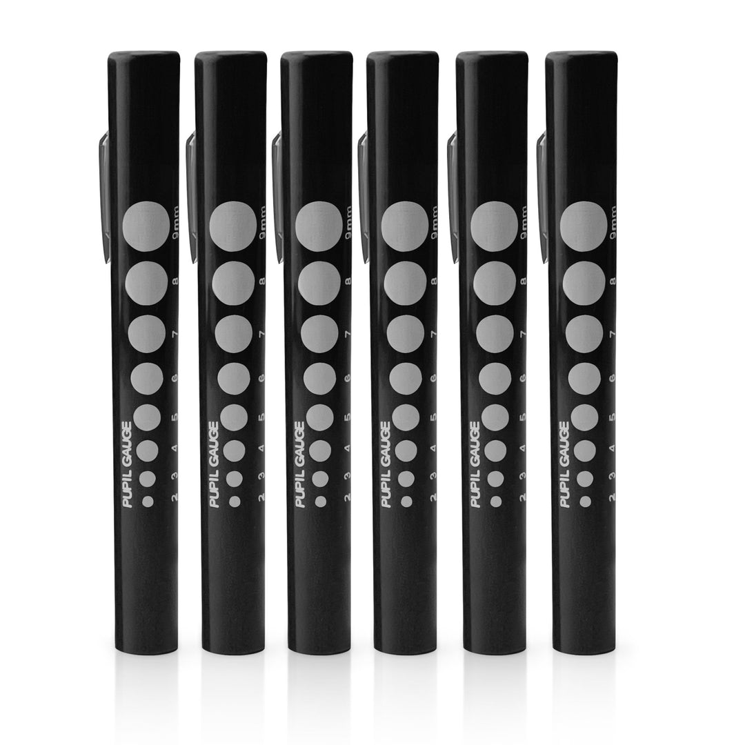 Six identical black disposable medical pen lights lined up in a row. Each pen features a silver metal pocket clip and a blue pupil gauge scale ranging from 2mm to 9mm printed on the side.