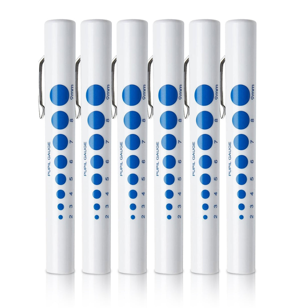 Six identical white medical pen lights lined up in a row. Each pen features a silver metal pocket clip and a blue pupil gauge scale ranging from 2mm to 9mm printed on the side.