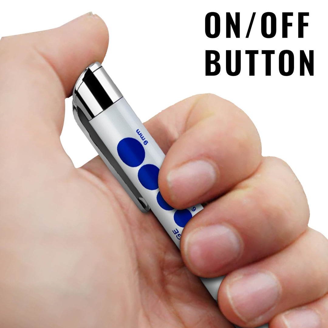 A close-up view of a hand holding the white pen light, with a thumb pressing the top click mechanism. Large text in the corner reads "ON/OFF BUTTON."