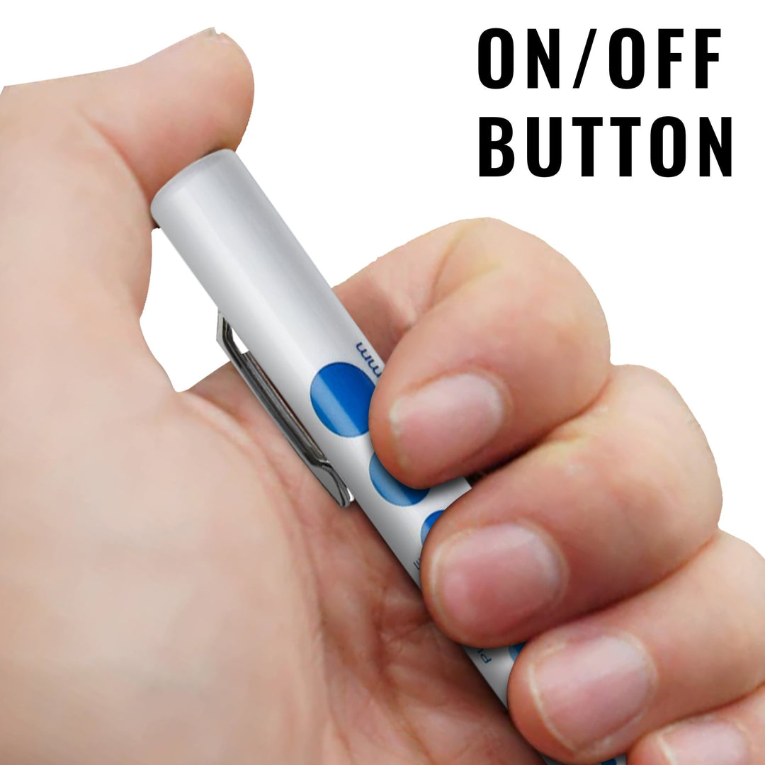 A close-up view of a hand holding the white pen light, with a thumb pressing the top click mechanism. Large text in the corner reads "ON/OFF BUTTON."