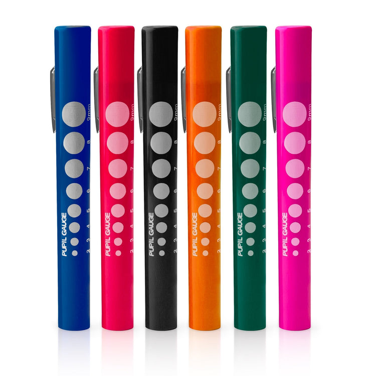Six identical multicolor disposable medical pen lights lined up in a row. Each pen features a silver metal pocket clip and a blue pupil gauge scale ranging from 2mm to 9mm printed on the side.