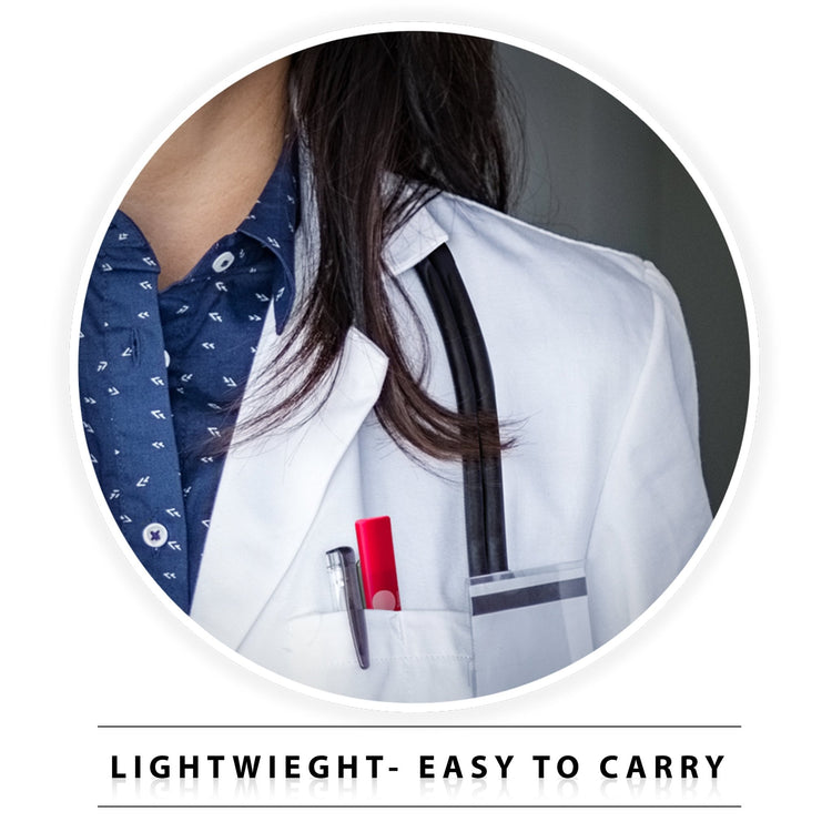 A close-up of a white doctor's lab coat pocket with the pen light clipped inside next to a standard pen. Text at the bottom reads "LIGHTWEIGHT - EASY TO CARRY."