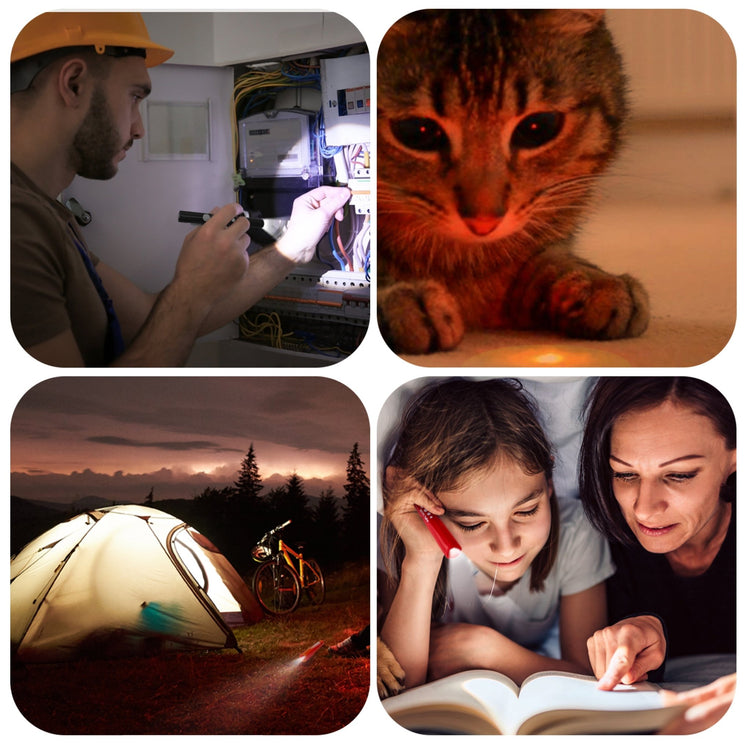 A collage showing four versatile uses for a pen light: an electrician checking a fuse box, a cat looking at a light on the floor, a camping tent illuminated from the inside at night, and a mother and child reading a book under a blanket.