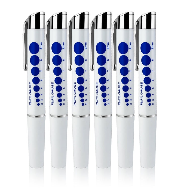 Six identical white medical pen lights lined up in a row. Each pen features a silver metal pocket clip and a blue pupil gauge scale ranging from 2mm to 9mm printed on the side.