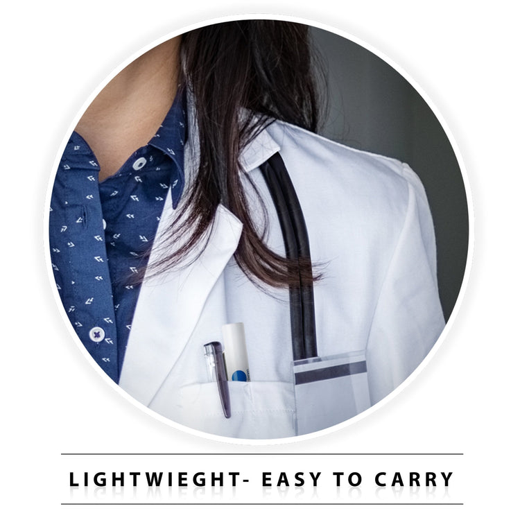 A close-up of a white doctor's lab coat pocket with the pen light clipped inside next to a standard pen. Text at the bottom reads "LIGHTWEIGHT - EASY TO CARRY."