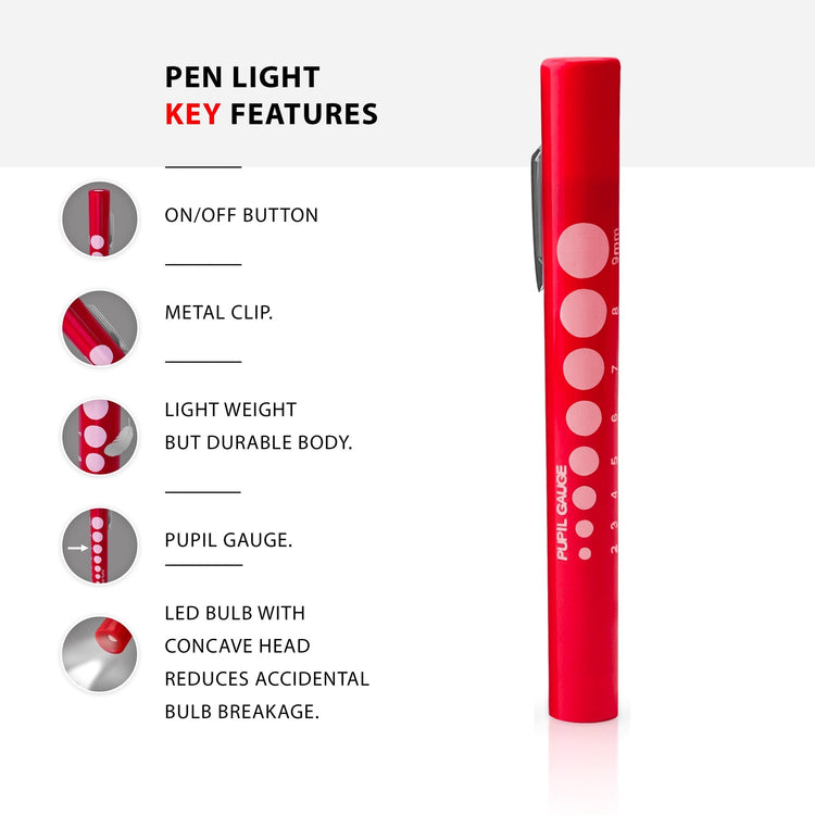 An infographic titled "PEN LIGHT KEY FEATURES." It displays the full pen light alongside circular zoom-in images highlighting the on/off button, metal clip, durable body, pupil gauge, and the concave LED bulb head designed to reduce breakage.