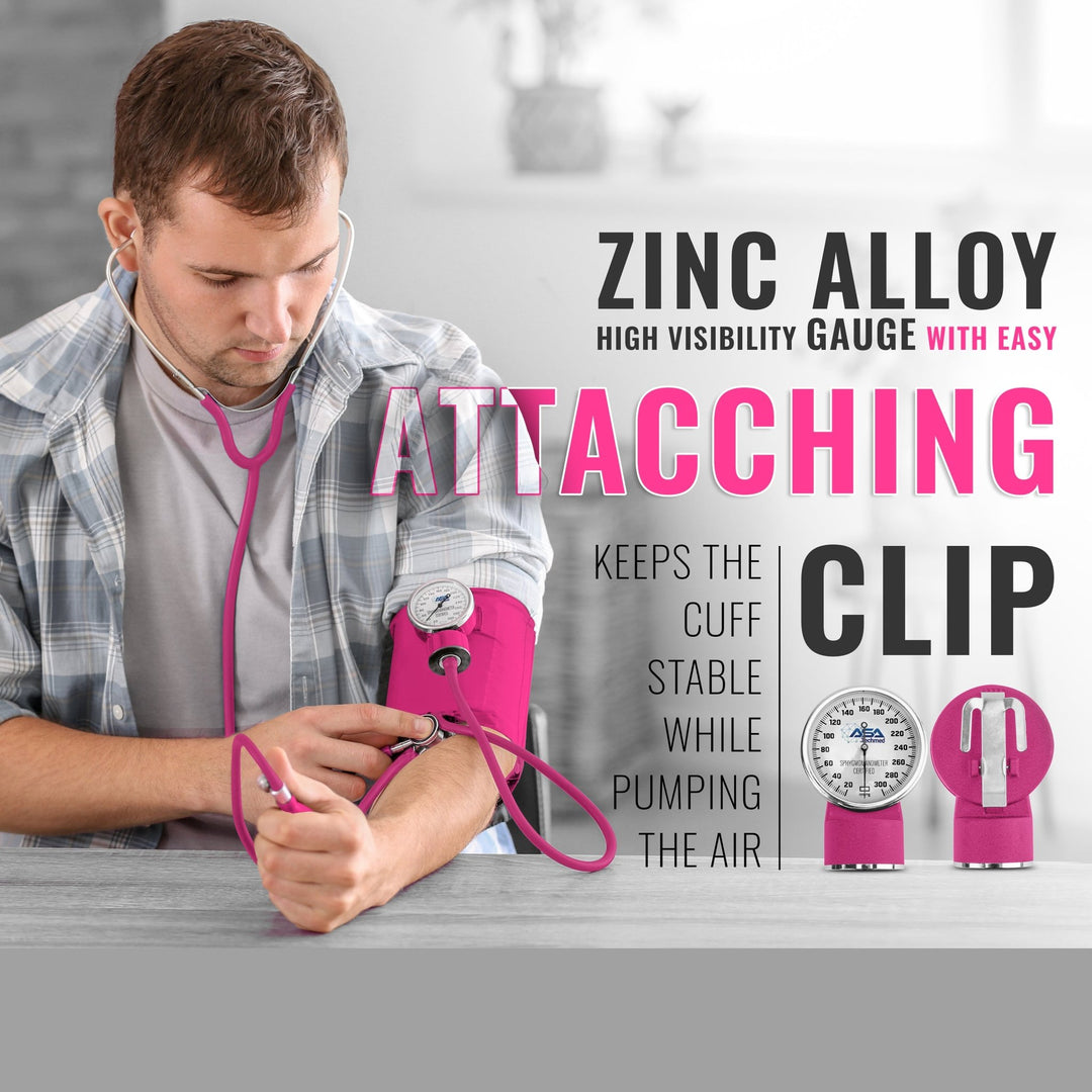 A male medical professional demonstrating the use of the magenta blood pressure cuff, focusing on the zinc alloy gauge clipped securely to the cuff.