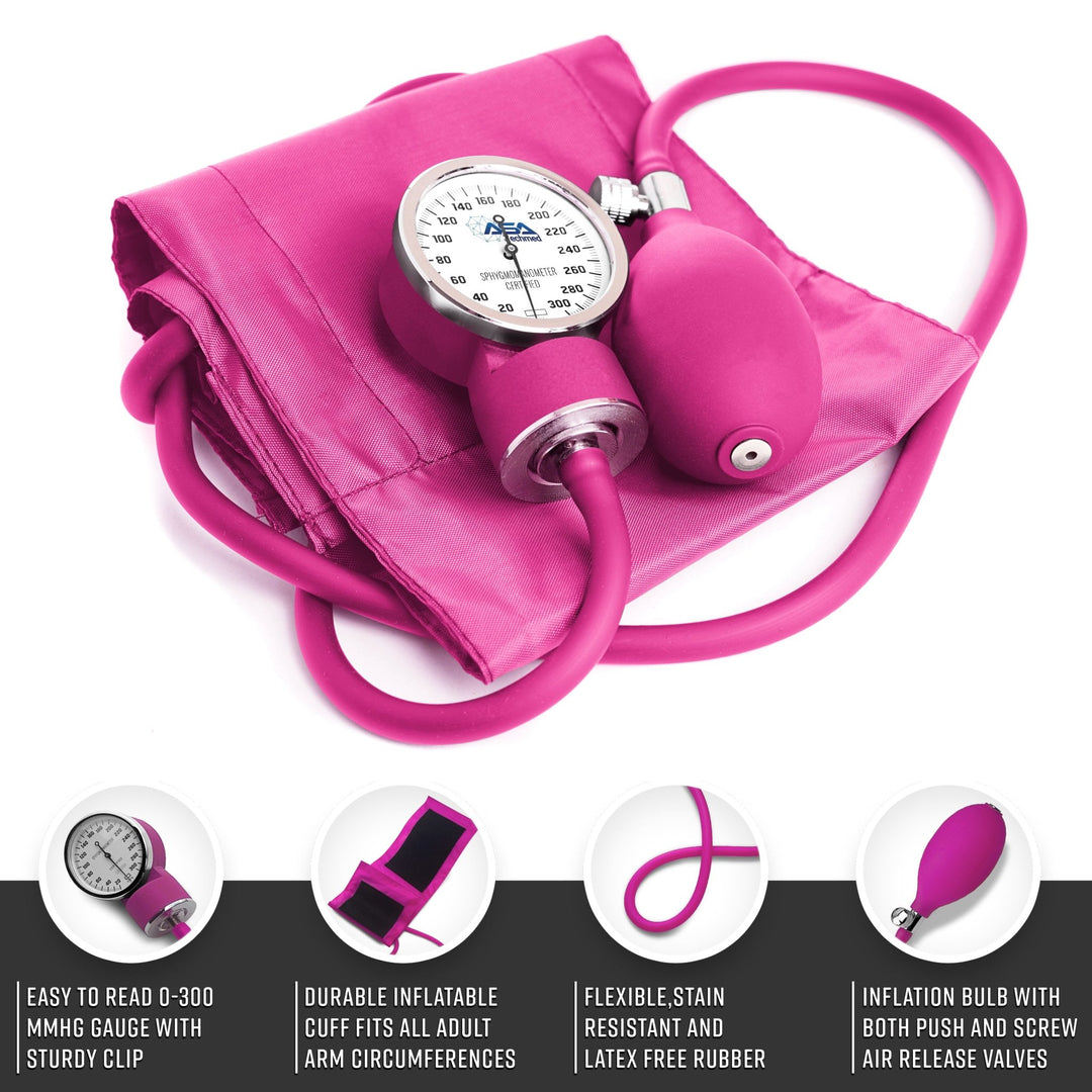 Detailed view of the magenta manual blood pressure unit, featuring a 0-300 mmHg gauge, latex-free inflation bulb, and adjustable adult cuff.
