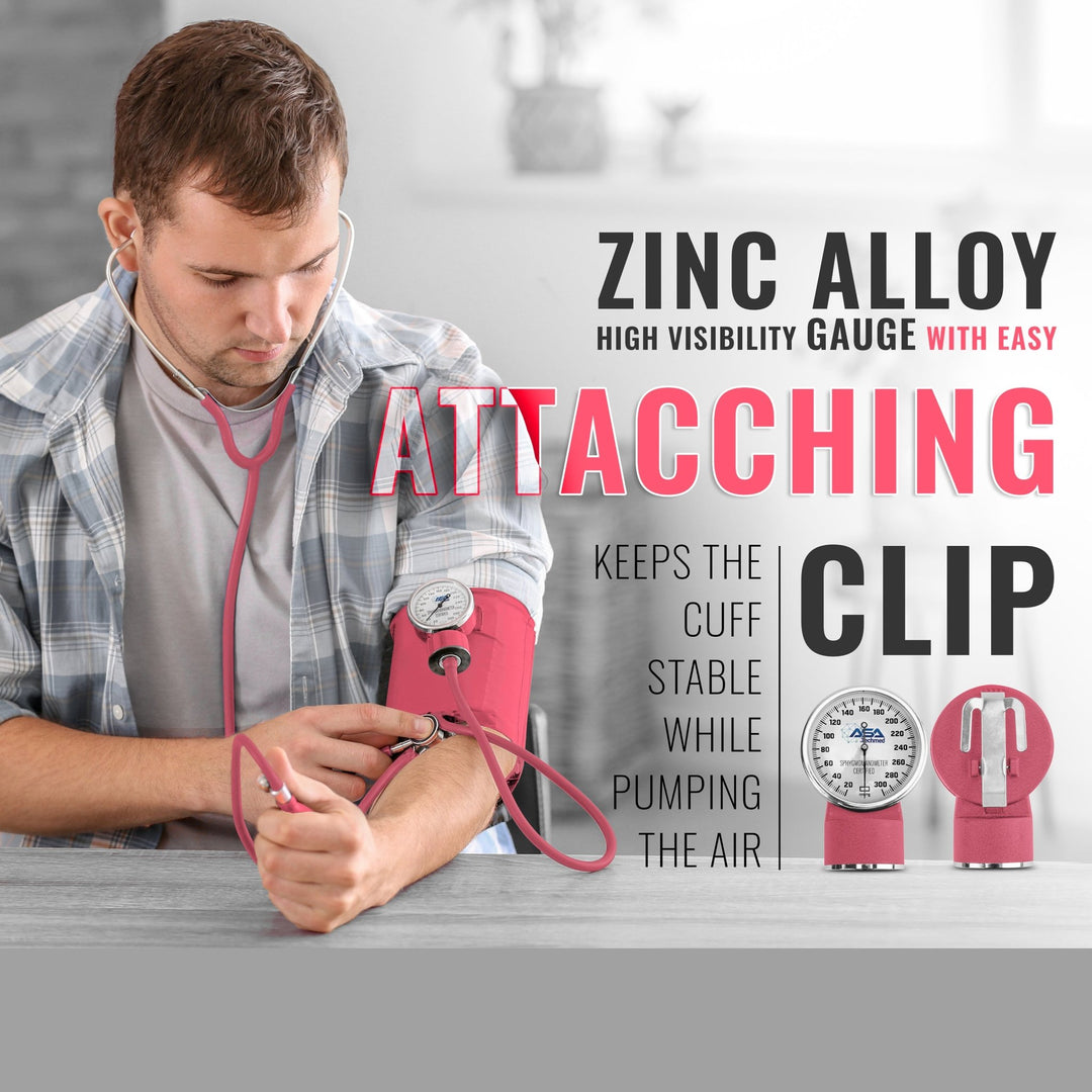 A male medical professional demonstrating the use of the pink blood pressure cuff, focusing on the zinc alloy gauge clipped securely to the cuff.