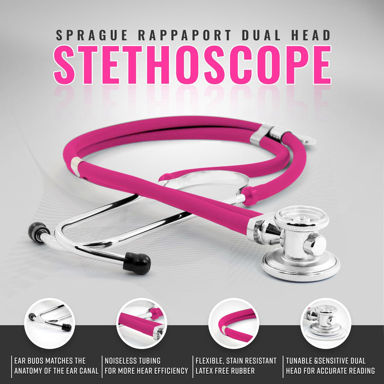 Studio shot of the magenta Sprague Rappaport stethoscope highlighting the dual-head chest piece, noiseless tubing, and comfortable ear buds.