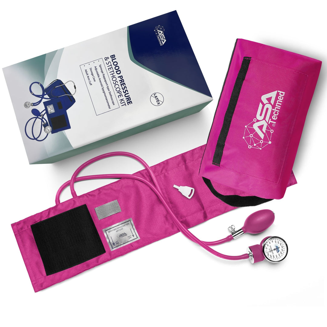 A retail box labeled 'Blood Pressure & Stethoscope Kit' displayed alongside a matching magenta nylon zippered carrying case.