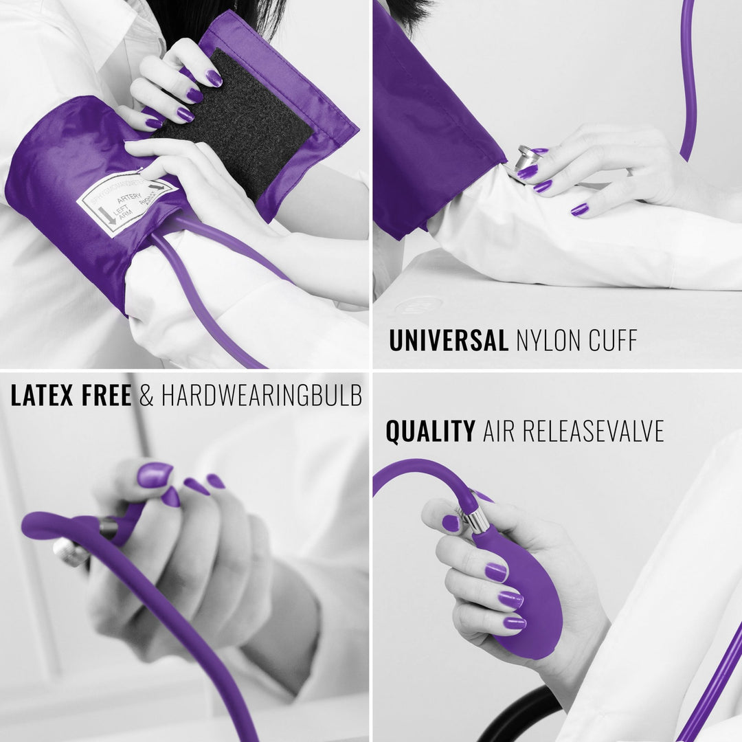 A four-panel collage showing details of the purple kit in use: the latex-free bulb, the universal nylon cuff, and the air release valve adjustment.