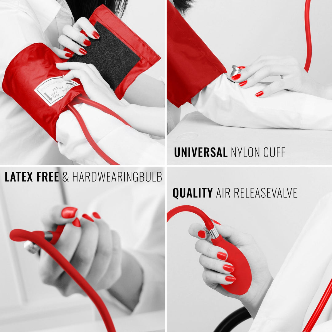 A four-panel collage showing details of the red kit in use: the latex-free bulb, the universal nylon cuff, and the air release valve adjustment.