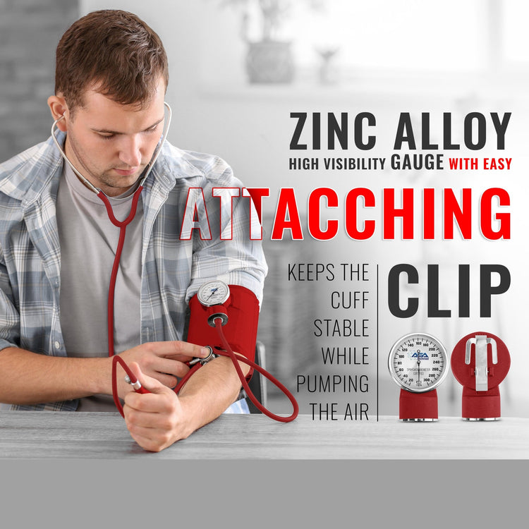 A male medical professional demonstrating the use of the red blood pressure cuff, focusing on the zinc alloy gauge clipped securely to the cuff.