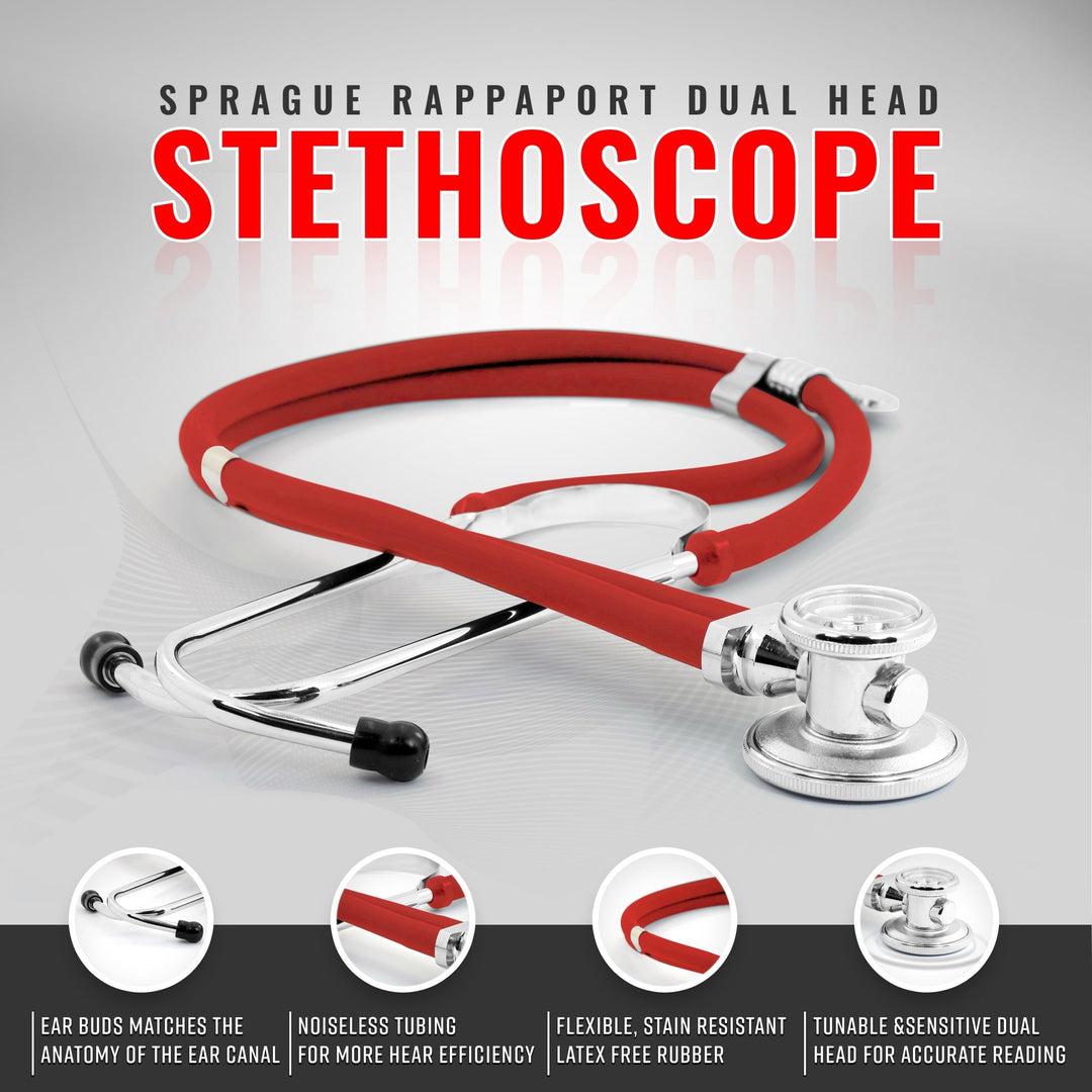 Studio shot of the red Sprague Rappaport stethoscope highlighting the dual-head chest piece, noiseless tubing, and comfortable ear buds.