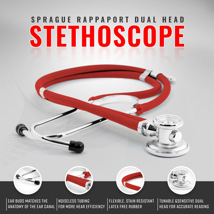 Studio shot of the red Sprague Rappaport stethoscope highlighting the dual-head chest piece, noiseless tubing, and comfortable ear buds.