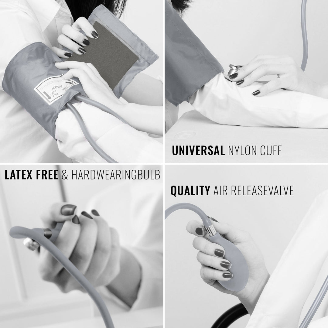 A four-panel collage showing details of the gray kit in use: the latex-free bulb, the universal nylon cuff, and the air release valve adjustment.
