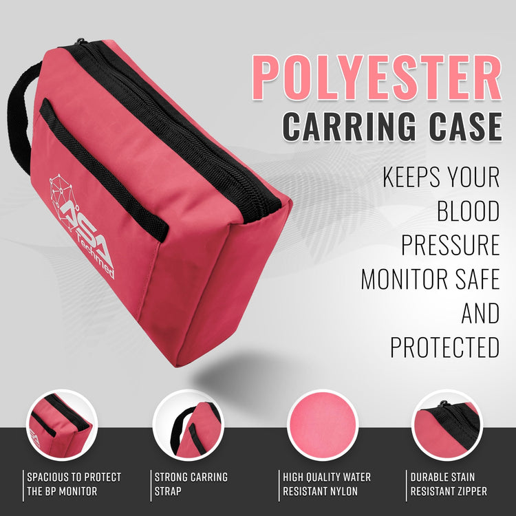 A pink polyester carrying case displayed dynamically with text highlighting features such as water-resistant nylon, a strong carrying strap, and durable zippers.