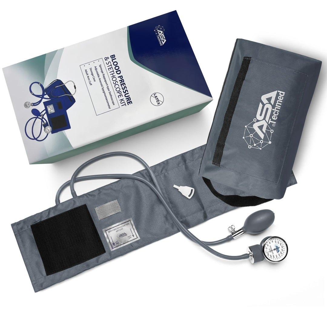 A retail box labeled 'Blood Pressure & Stethoscope Kit' displayed alongside a matching gray nylon zippered carrying case.