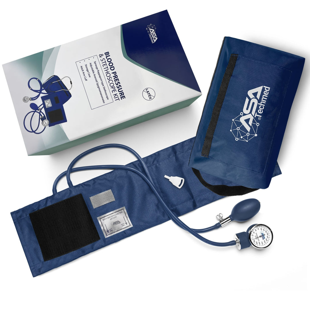 A retail box labeled 'Blood Pressure & Stethoscope Kit' displayed alongside a matching navy blue nylon zippered carrying case.