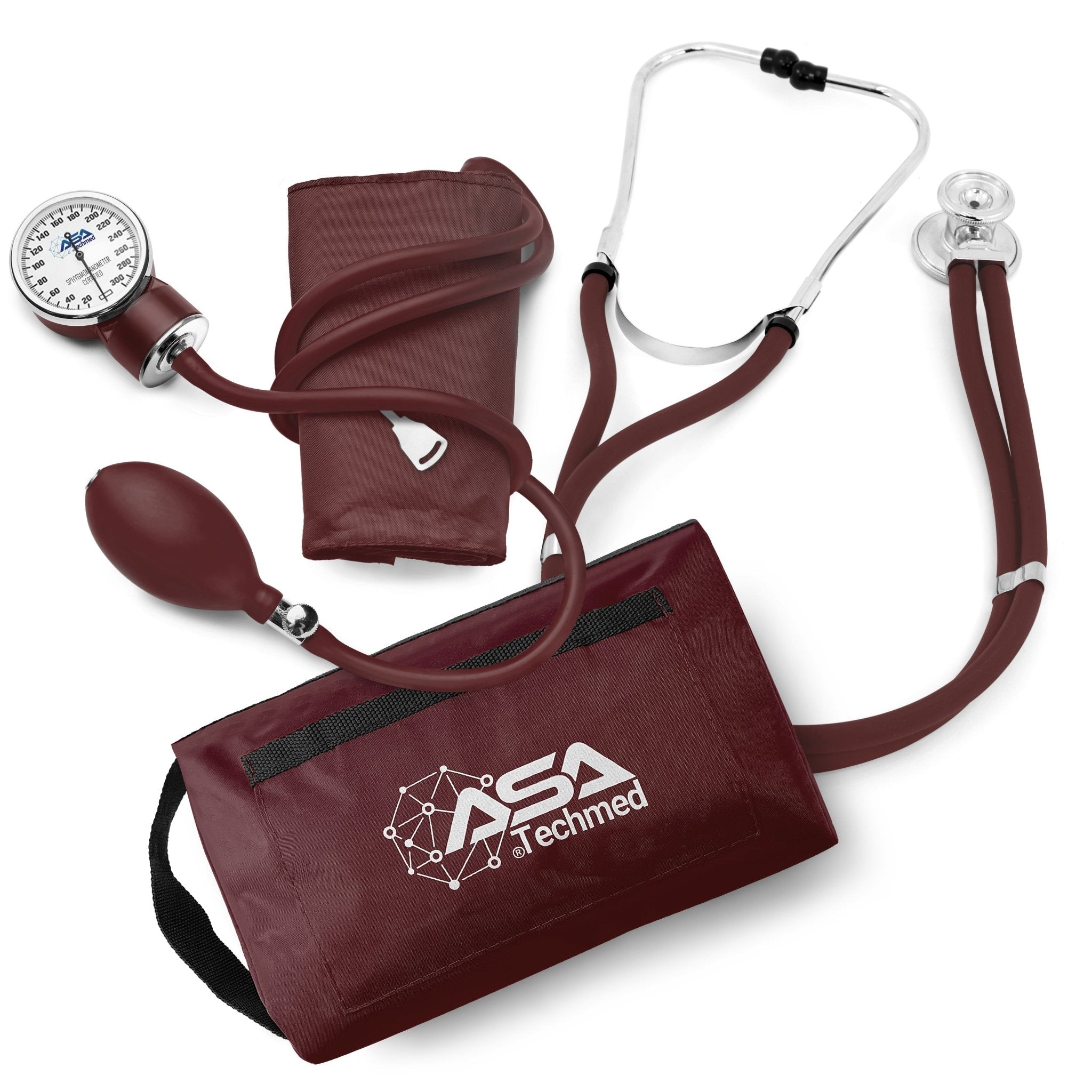 Top-down view of the complete burgundy medical kit, featuring a Sprague stethoscope, manual sphygmomanometer, and storage bag