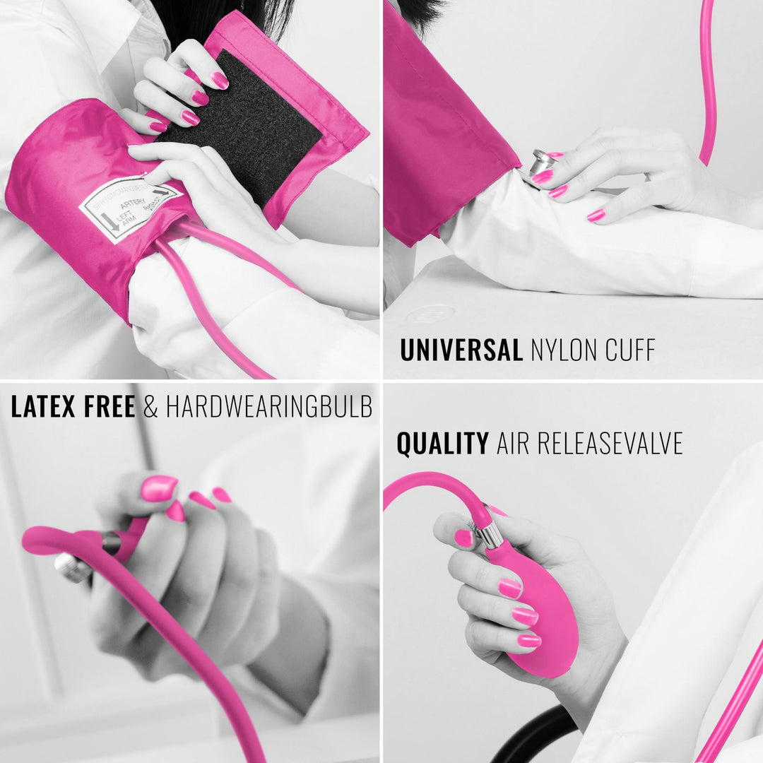 A four-panel collage showing details of the magenta kit in use: the latex-free bulb, the universal nylon cuff, and the air release valve adjustment.