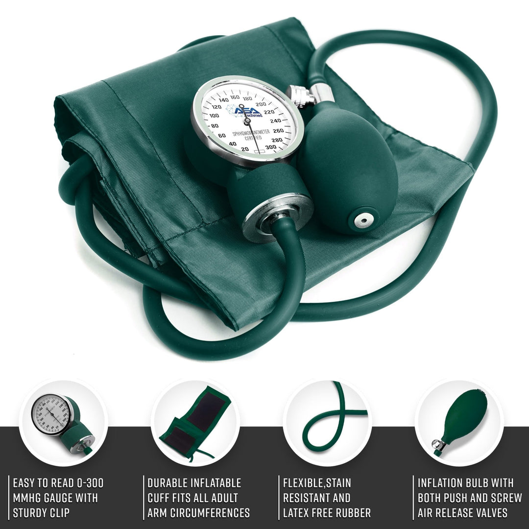 Detailed view of the hunter green manual blood pressure unit, featuring a 0-300 mmHg gauge, latex-free inflation bulb, and adjustable adult cuff.