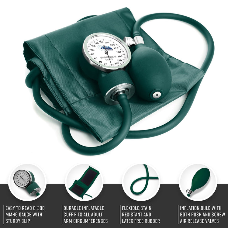 Detailed view of the hunter green manual blood pressure unit, featuring a 0-300 mmHg gauge, latex-free inflation bulb, and adjustable adult cuff.