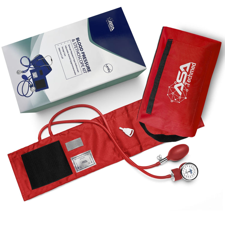 A retail box labeled 'Blood Pressure & Stethoscope Kit' displayed alongside a matching red nylon zippered carrying case.
