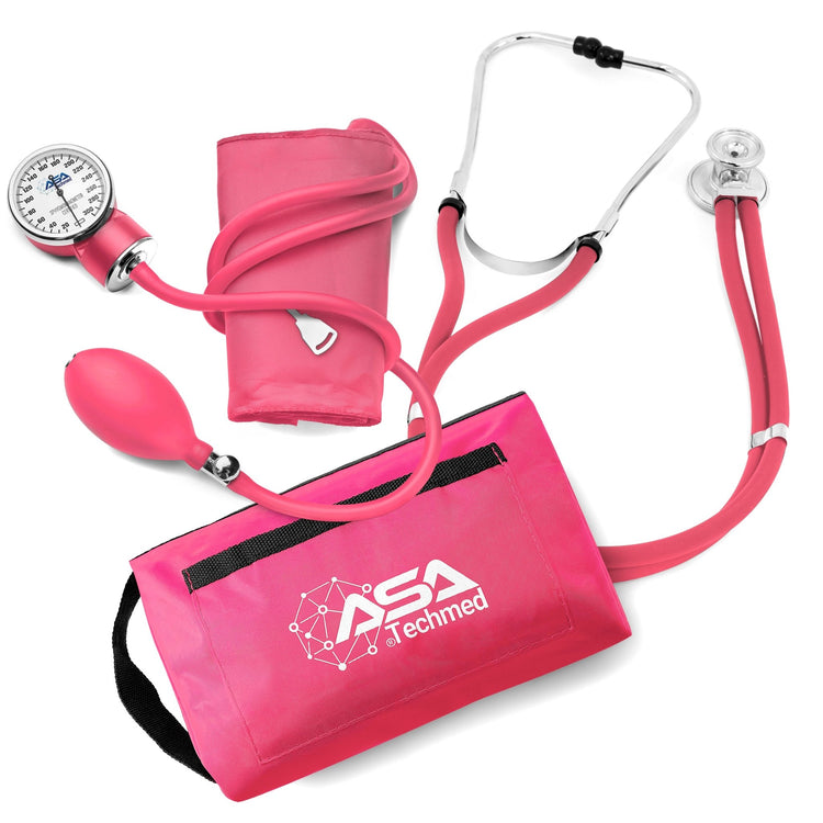 Top-down view of the complete pink medical kit, featuring a Sprague stethoscope, manual sphygmomanometer, and storage bag