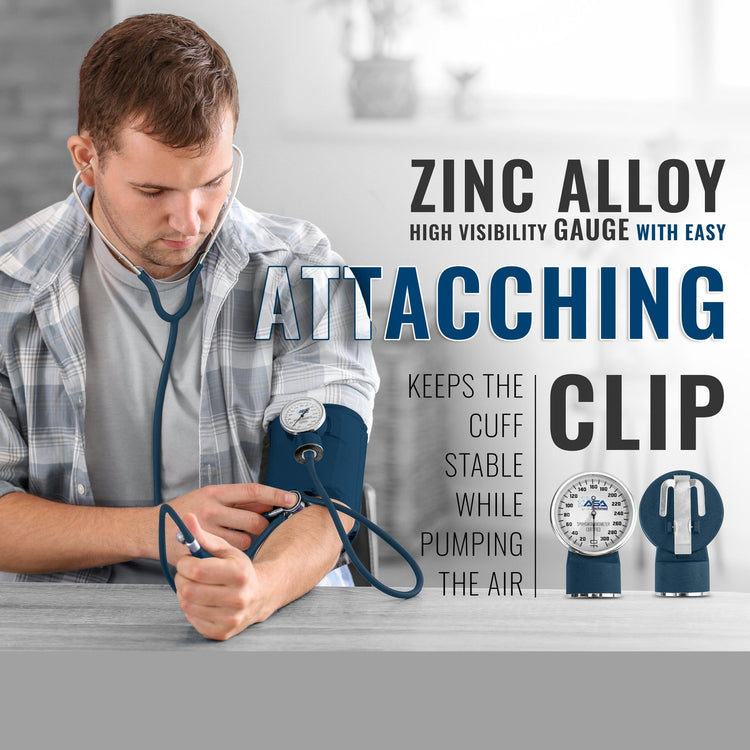 A male medical professional demonstrating the use of the navy blue blood pressure cuff, focusing on the zinc alloy gauge clipped securely to the cuff.