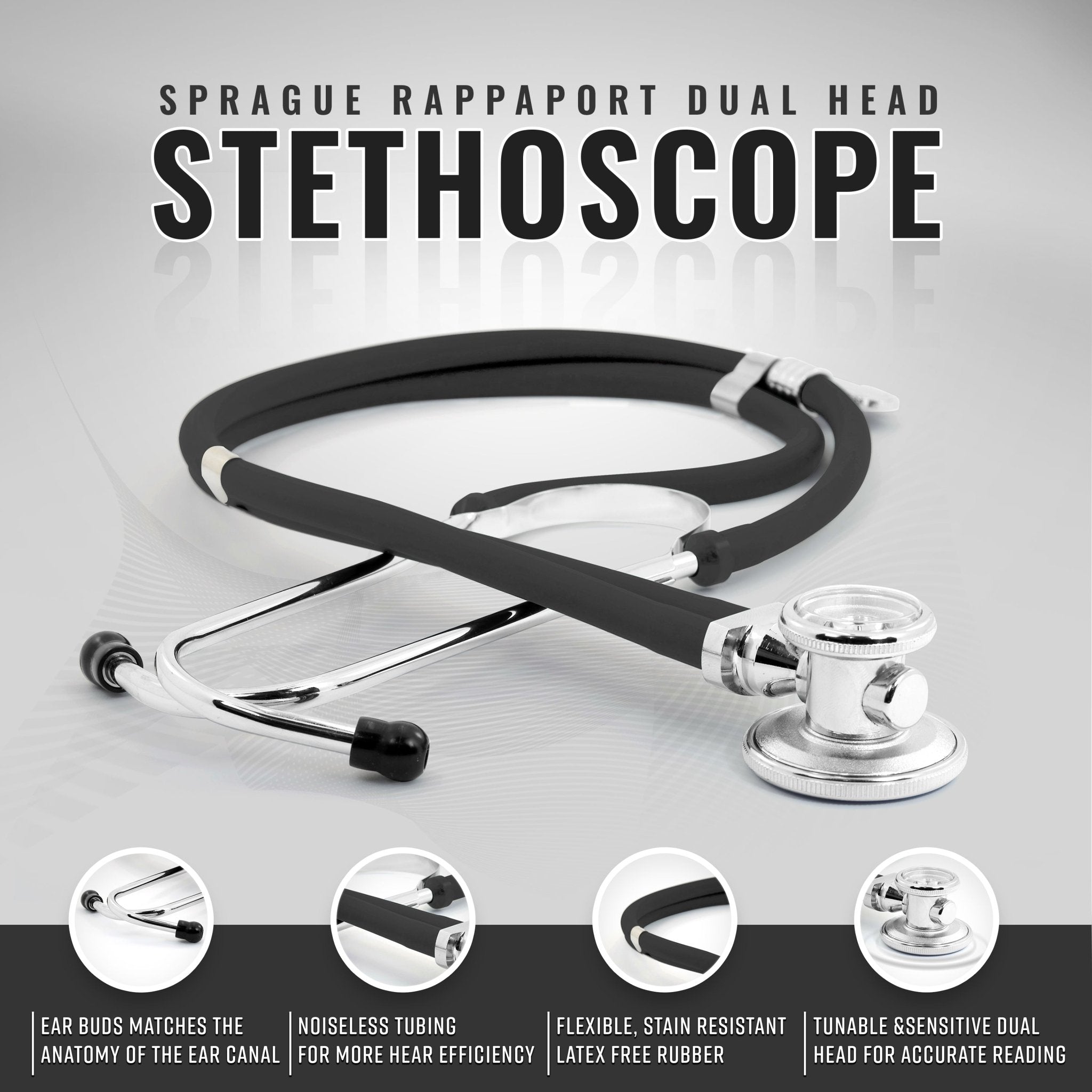 Studio shot of the black Sprague Rappaport stethoscope highlighting the dual-head chest piece, noiseless tubing, and comfortable ear buds.