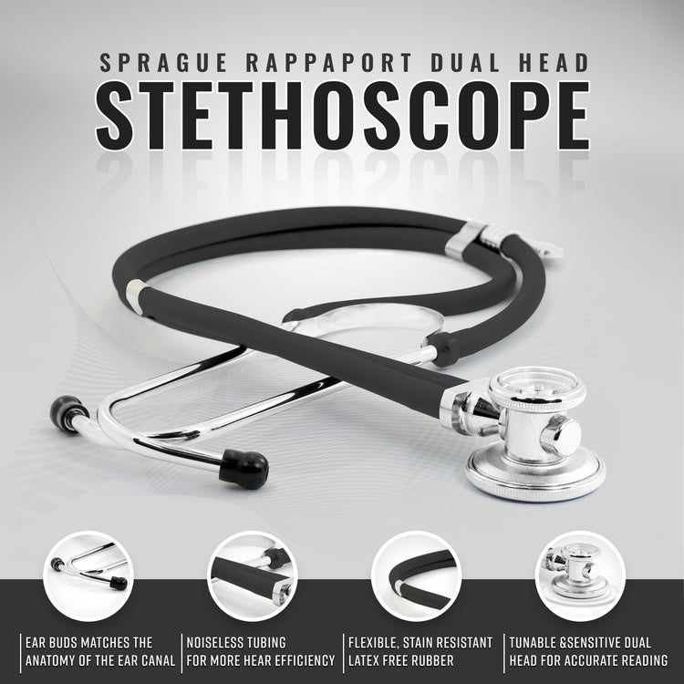 Studio shot of the black Sprague Rappaport stethoscope highlighting the dual-head chest piece, noiseless tubing, and comfortable ear buds.