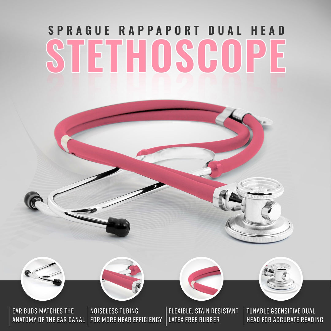 Studio shot of the pink Sprague Rappaport stethoscope highlighting the dual-head chest piece, noiseless tubing, and comfortable ear buds.