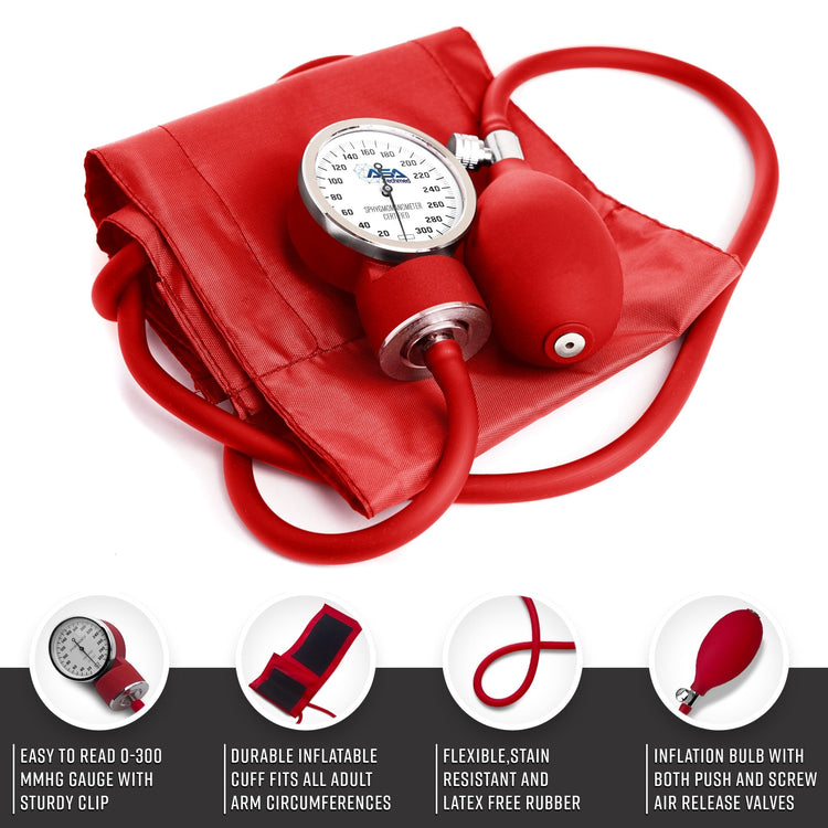 Detailed view of the red manual blood pressure unit, featuring a 0-300 mmHg gauge, latex-free inflation bulb, and adjustable adult cuff.
