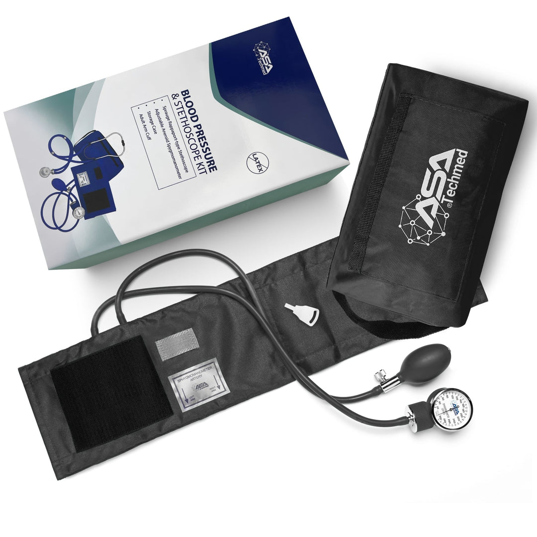 A retail box labeled 'Blood Pressure & Stethoscope Kit' displayed alongside a matching black nylon zippered carrying case.