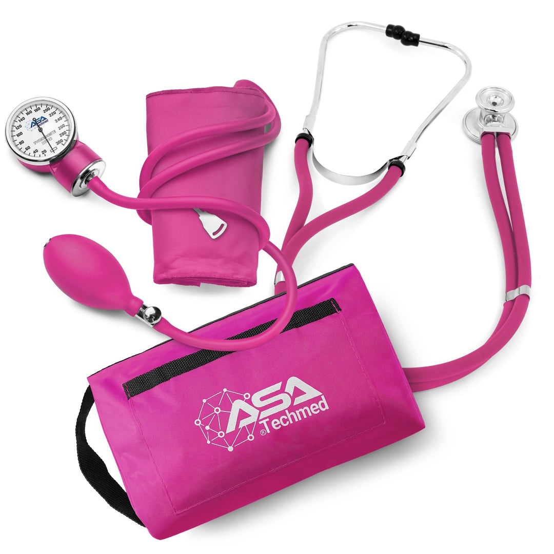 Top-down view of the complete magenta medical kit, featuring a Sprague stethoscope, manual sphygmomanometer, and storage bag