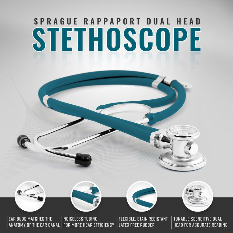 Studio shot of the teal Sprague Rappaport stethoscope highlighting the dual-head chest piece, noiseless tubing, and comfortable ear buds.