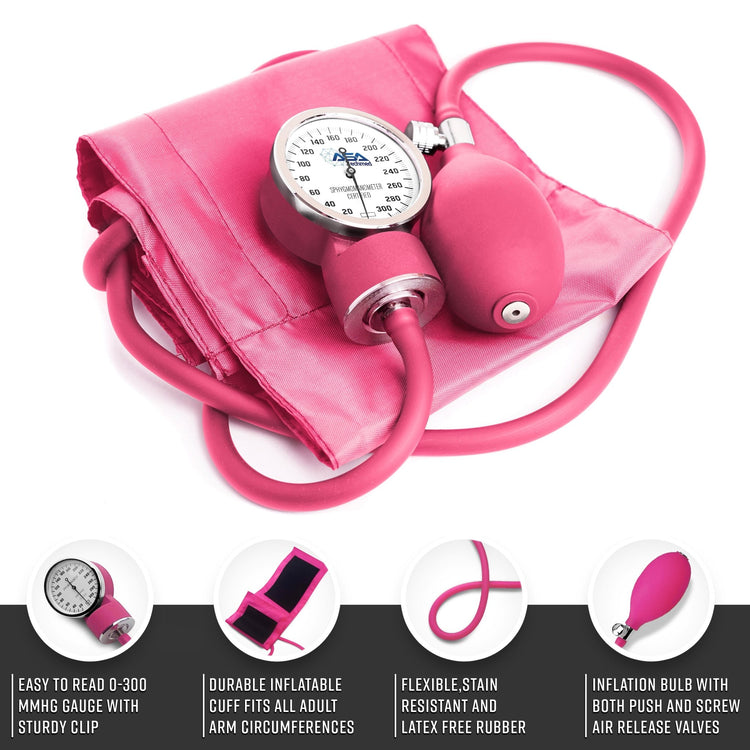 Detailed view of the pink manual blood pressure unit, featuring a 0-300 mmHg gauge, latex-free inflation bulb, and adjustable adult cuff.