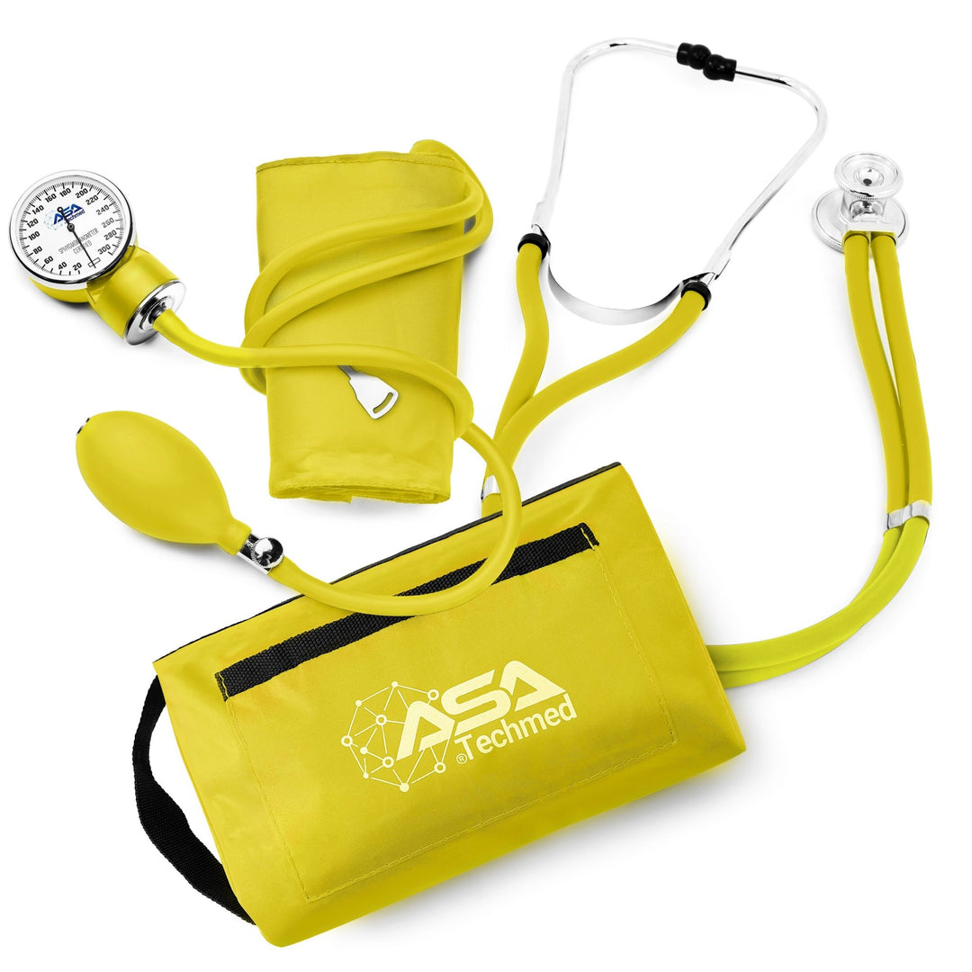 Top-down view of the complete yellow medical kit, featuring a Sprague stethoscope, manual sphygmomanometer, and storage bag