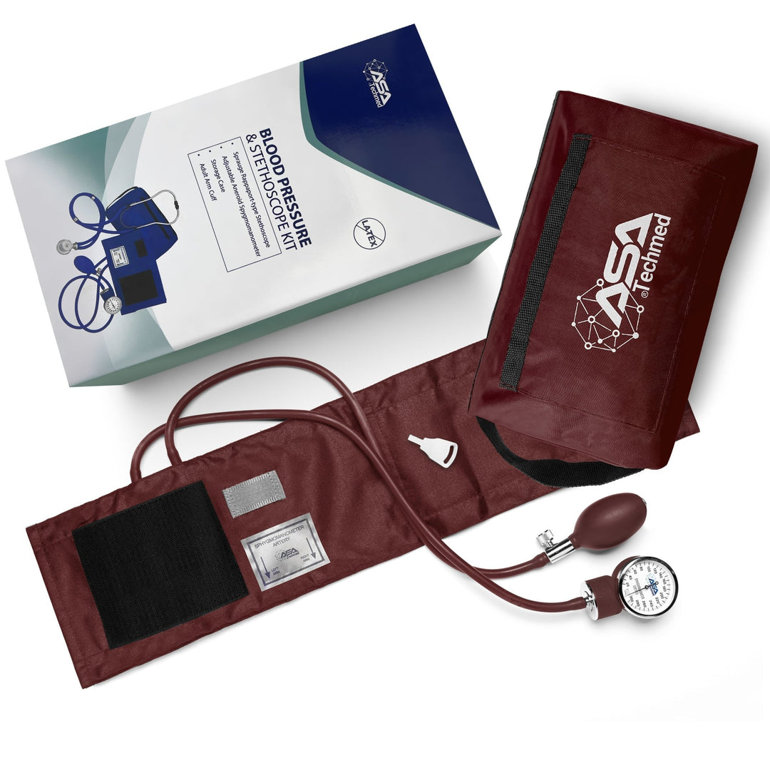 A retail box labeled 'Blood Pressure & Stethoscope Kit' displayed alongside a matching burgundy nylon zippered carrying case.