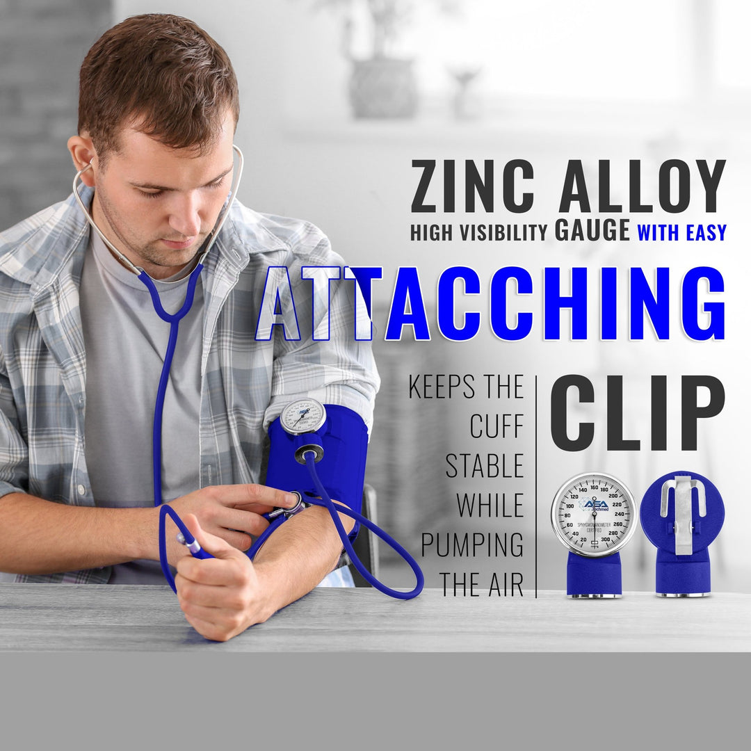A male medical professional demonstrating the use of the royal blue blood pressure cuff, focusing on the zinc alloy gauge clipped securely to the cuff.
