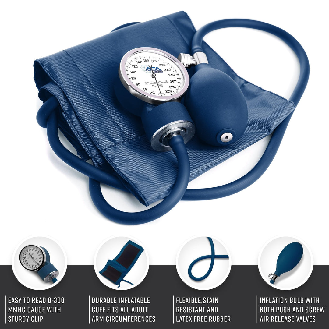 Detailed view of the navy blue manual blood pressure unit, featuring a 0-300 mmHg gauge, latex-free inflation bulb, and adjustable adult cuff.
