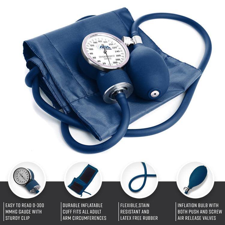 Detailed view of the navy blue manual blood pressure unit, featuring a 0-300 mmHg gauge, latex-free inflation bulb, and adjustable adult cuff.