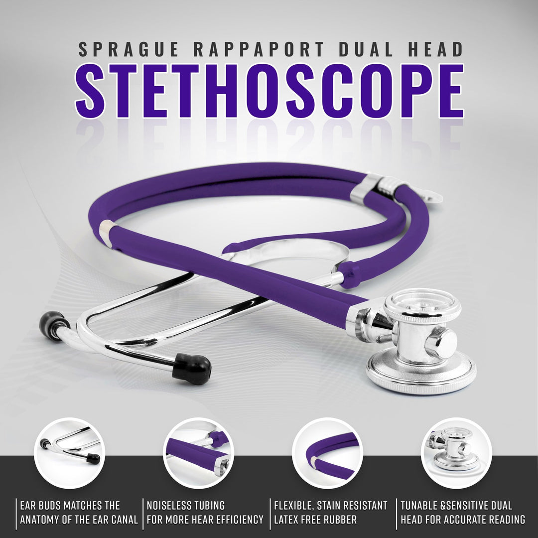 Studio shot of the purple Sprague Rappaport stethoscope highlighting the dual-head chest piece, noiseless tubing, and comfortable ear buds.